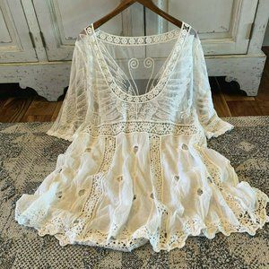 New White Lace Crochet Boho Folk Tunic Dress Top Cover-Up Womens